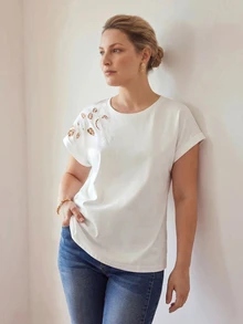MOTF PREMIUM PLUS SIZE WOMEN'S SUMMER HOLLOW EMBROIDERY BAT SLEEVE LOOSE FIT T-SHIRT - White - View 3