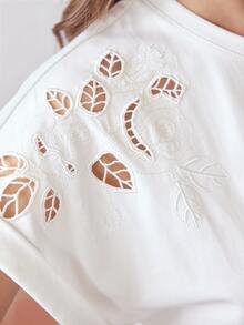 MOTF PREMIUM PLUS SIZE WOMEN'S SUMMER HOLLOW EMBROIDERY BAT SLEEVE LOOSE FIT T-SHIRT - White - View 1