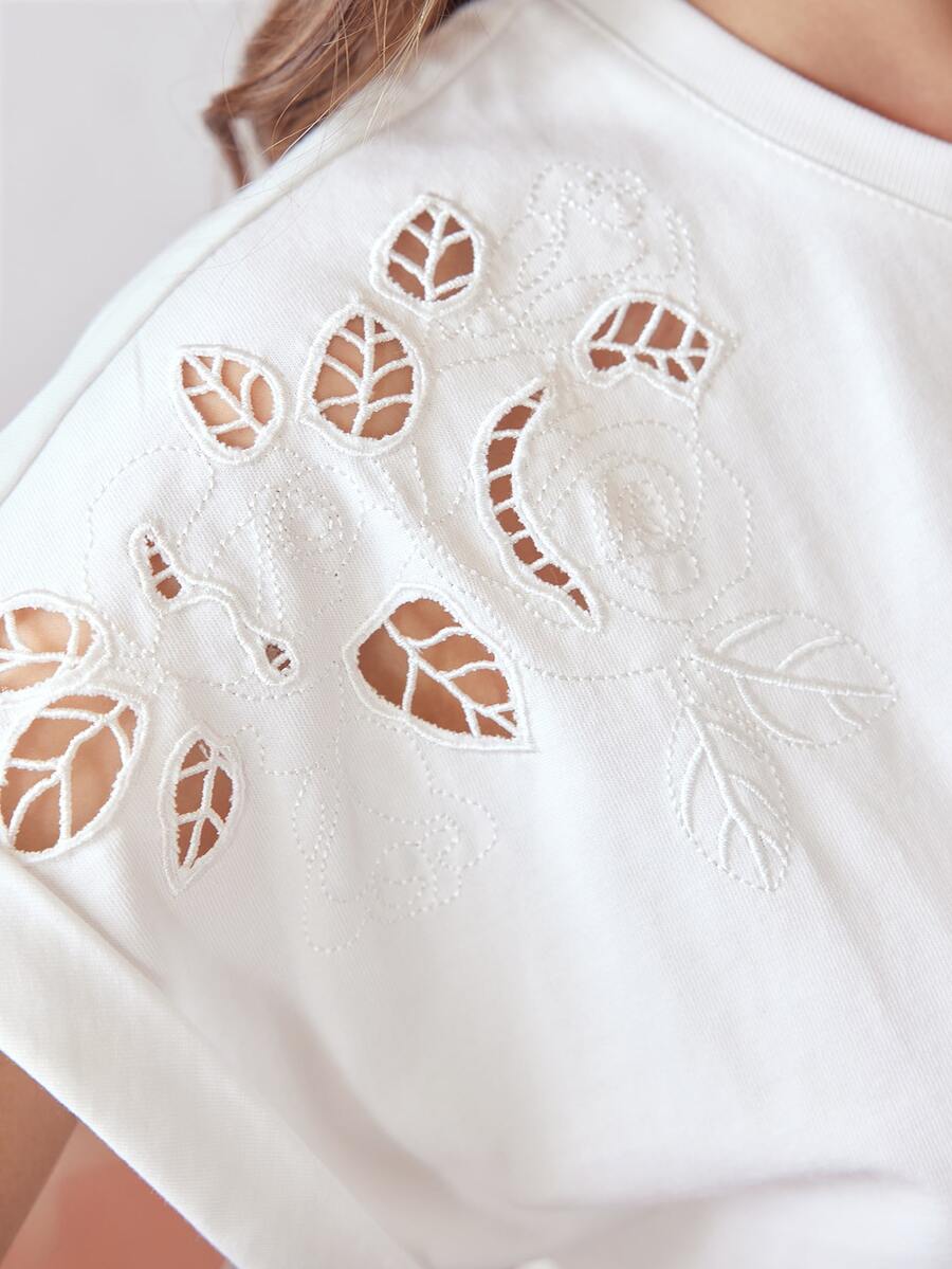 MOTF PREMIUM PLUS SIZE WOMEN'S SUMMER HOLLOW EMBROIDERY BAT SLEEVE LOOSE FIT T-SHIRT - White - View 1