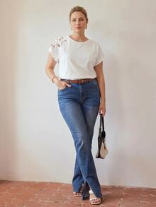 MOTF PREMIUM PLUS SIZE WOMEN'S SUMMER HOLLOW EMBROIDERY BAT SLEEVE LOOSE FIT T-SHIRT - White - View 6