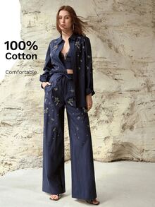 MOTF PREMIUM WOMEN'S COTTON FLORAL BEADED WIDE LEG PANTS, SPRING/SUMMER - Navy Blue - View 3