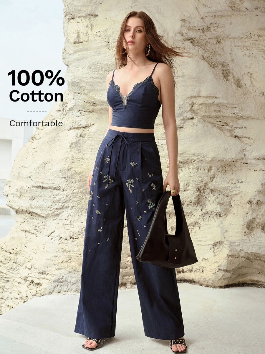MOTF PREMIUM WOMEN'S COTTON FLORAL BEADED WIDE LEG PANTS, SPRING/SUMMER - Navy Blue - View 2