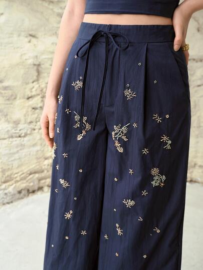 MOTF PREMIUM Damen Baumwoll Blumen bestickte Weite Hose, Frühling/Sommer