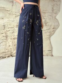 MOTF PREMIUM WOMEN'S COTTON FLORAL BEADED WIDE LEG PANTS, SPRING/SUMMER - Navy Blue - View 5