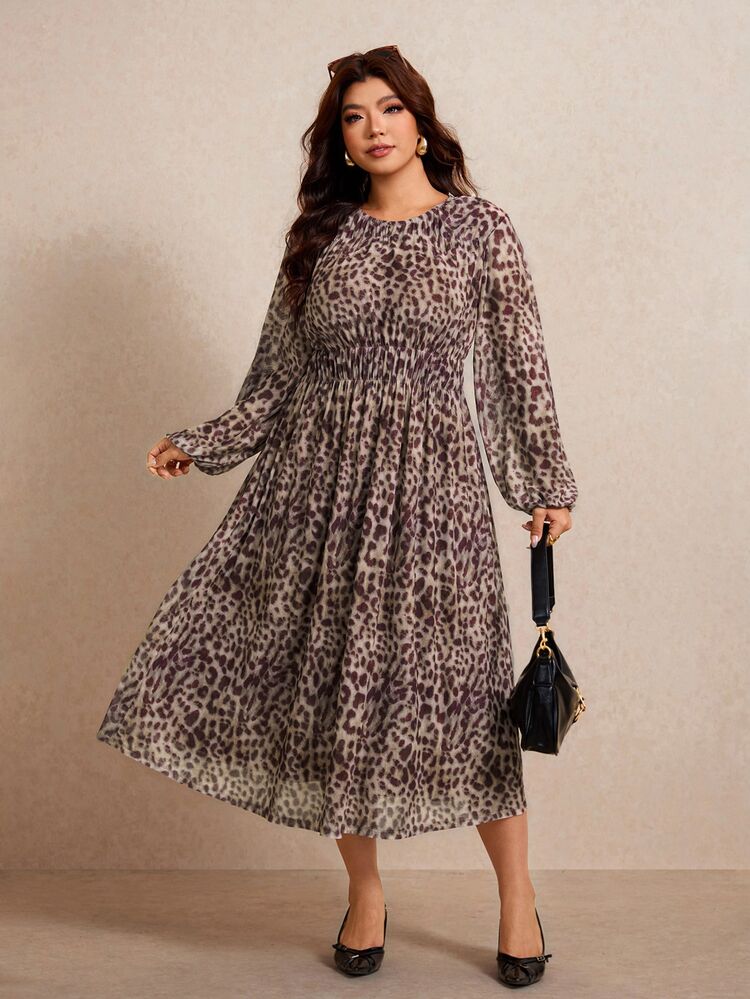 Elaquor Plus Size Women's Leopard Print Round Neck Lantern Sleeve Casual Dress Casual Vacation Daily Going Out Dress For Women Fall/Winter Casual Office Dress - Brown - View 4