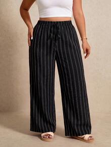 Elaquor Plus Size Women's Striped Casual Versatile Wide Leg Pants For Daily Wear - Coffee Brown - View 6