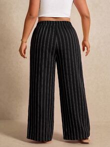 Elaquor Plus Size Women's Striped Casual Versatile Wide Leg Pants For Daily Wear - Coffee Brown - View 3