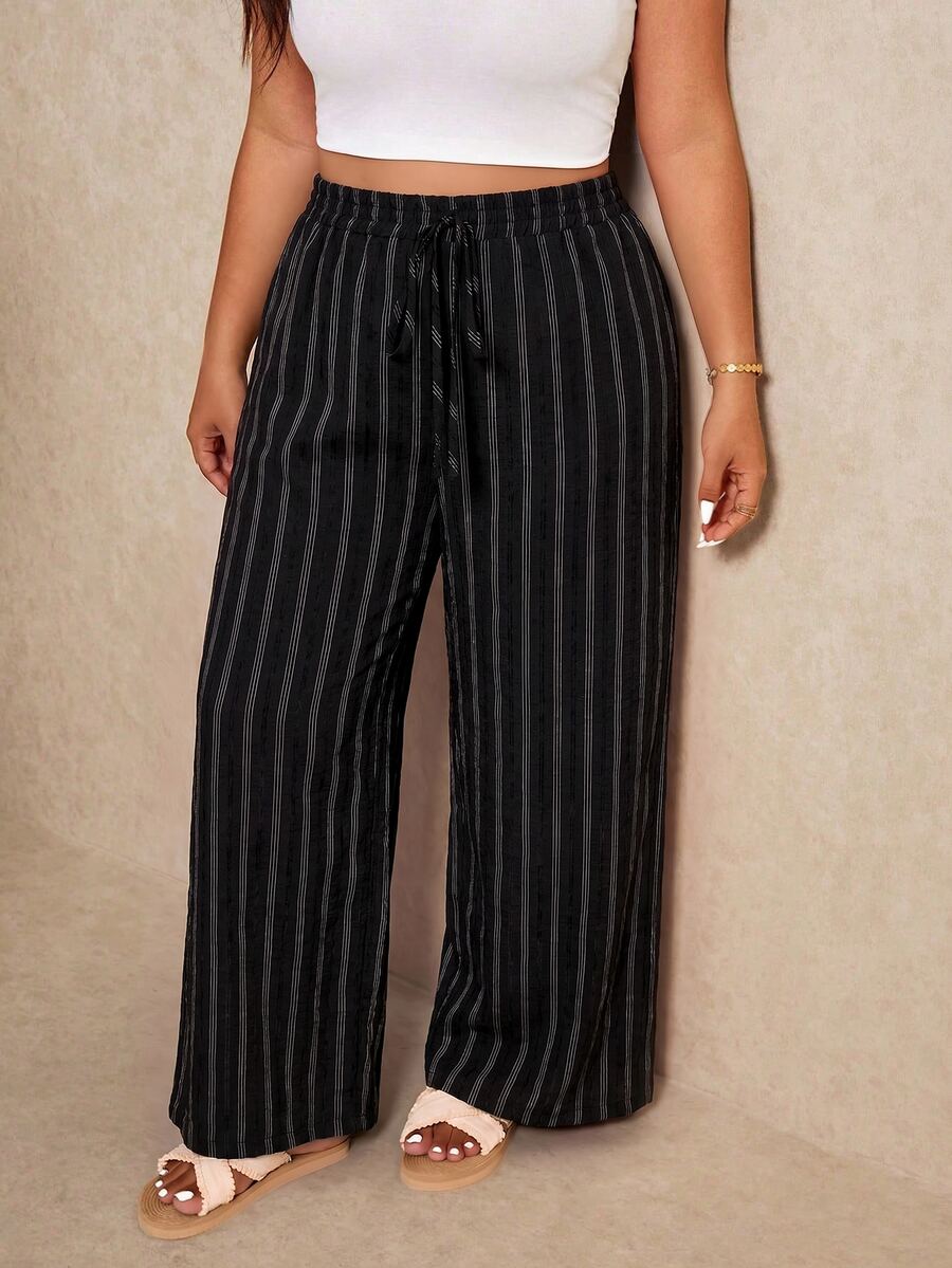 Elaquor Plus Size Women's Striped Casual Versatile Wide Leg Pants For Daily Wear