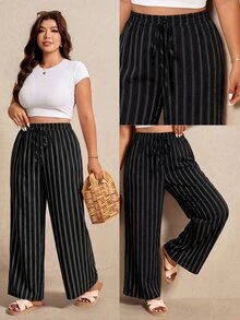 Elaquor Plus Size Women's Striped Casual Versatile Wide Leg Pants For Daily Wear - Coffee Brown - View 4