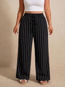 Elaquor Plus Size Women's Striped Casual Versatile Wide Leg Pants For Daily Wear - Coffee Brown - View 5