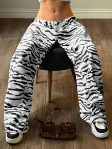 Muchica Women's Casual Loose Zebra Print Wide Leg Denim Jeans With Pockets Women's Fall Teacher Pants - Multicolor - View 9