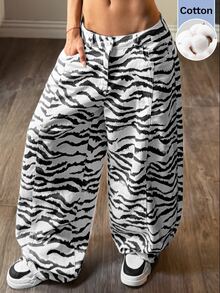 Muchica Women's Casual Loose Zebra Print Wide Leg Denim Jeans With Pockets Women's Fall Teacher Pants - Multicolor - View 4