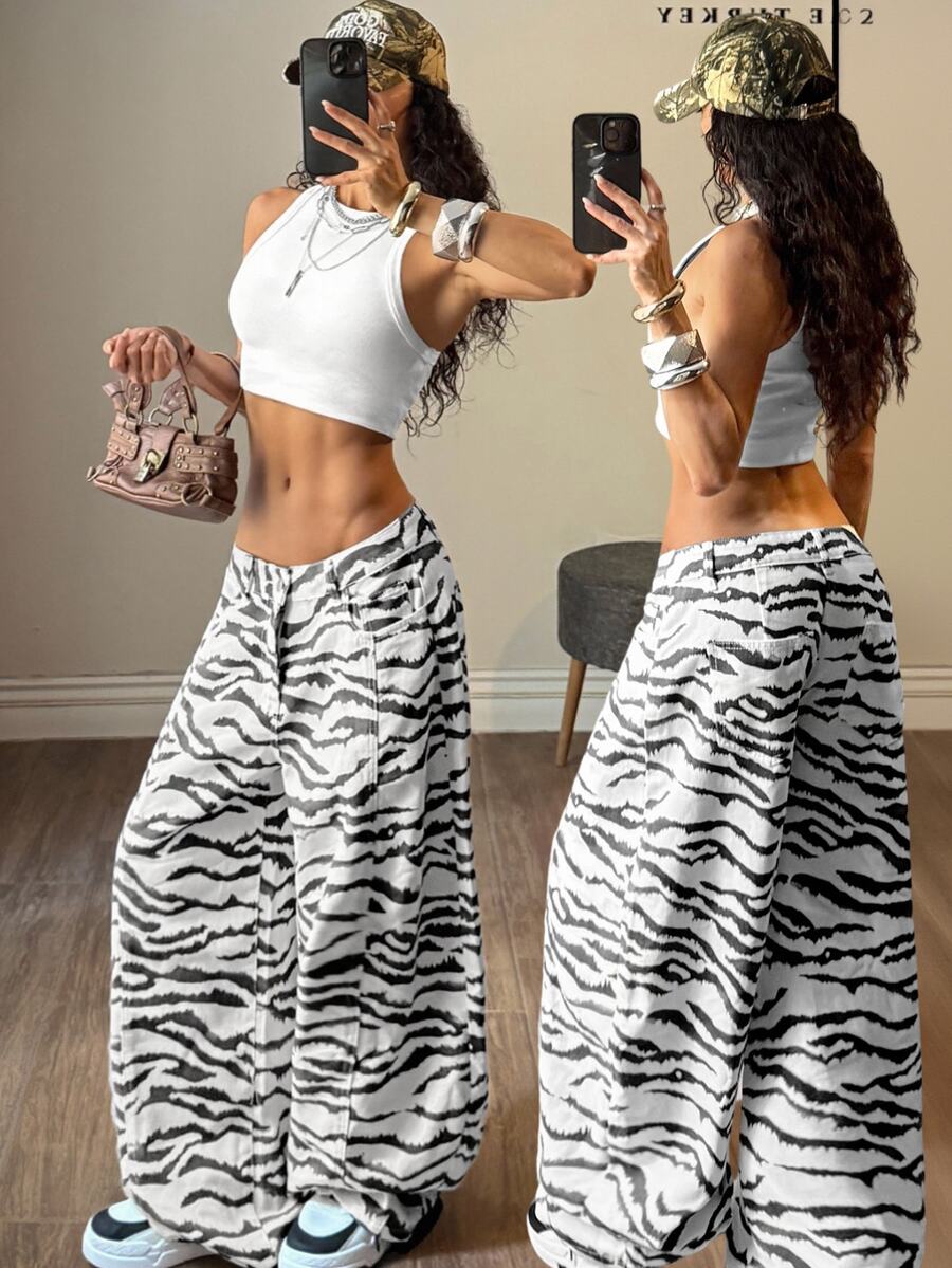 Muchica Women's Casual Loose Zebra Print Wide Leg Denim Jeans With Pockets Women's Fall Teacher Pants - Multicolor - View 1
