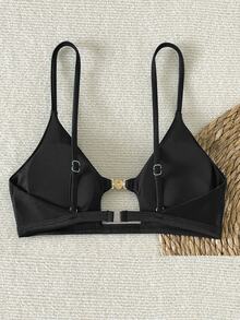 SHEIN Swim 女士绿色金属面料珠宝时尚吊带性感比基尼上衣，适合海滩音乐节 - 黑色 - 查看 2