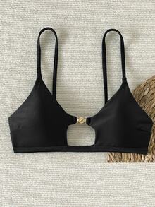 SHEIN Swim 女士绿色金属面料珠宝时尚吊带性感比基尼上衣，适合海滩音乐节 - 黑色 - 查看 3
