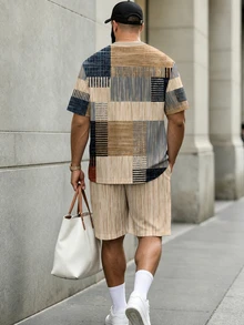KRYTIVO Men's Colorblock Short Sleeve T-Shirt And Shorts Casual Daily Set - Apricot - View 2