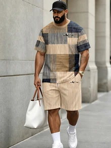 KRYTIVO Men's Colorblock Short Sleeve T-Shirt And Shorts Casual Daily Set - Apricot - View 1