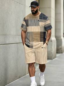 KRYTIVO Men's Colorblock Short Sleeve T-Shirt And Shorts Casual Daily Set - Apricot - View 3