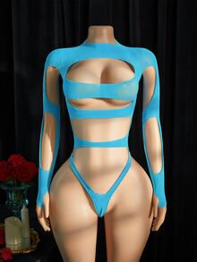 SpicyHot Women Sexy Bodysuits Rave Fall - Blue - View 4