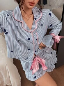 Napfluff Women's Striped Heart Pattern Bow Decor Long Sleeve Single-Breasted Top And Shorts Pajama Set - Multicolor - View 4