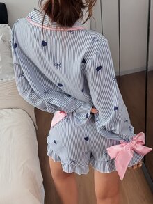 Napfluff Women's Striped Heart Pattern Bow Decor Long Sleeve Single-Breasted Top And Shorts Pajama Set - Multicolor - View 3