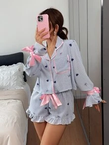 Napfluff Women's Striped Heart Pattern Bow Decor Long Sleeve Single-Breasted Top And Shorts Pajama Set - Multicolor - View 1