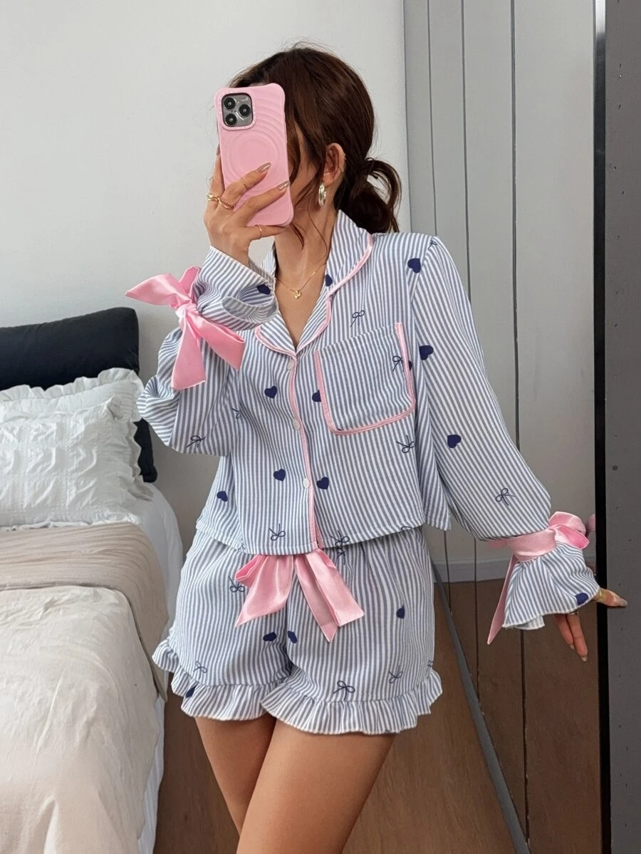 Napfluff Women's Striped Heart Pattern Bow Decor Long Sleeve Single-Breasted Top And Shorts Pajama Set - Multicolor - View 1