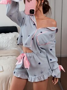 Napfluff Women's Striped Heart Pattern Bow Decor Long Sleeve Single-Breasted Top And Shorts Pajama Set - Multicolor - View 2