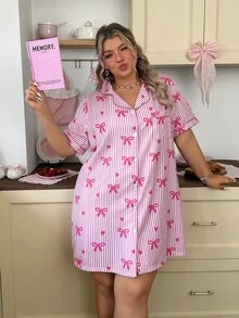 Slumberry CURVE Sweet INS Cute Bow Heart Stripe Print Collared Button Woven Plus Size Nightgown - Pink - View 5