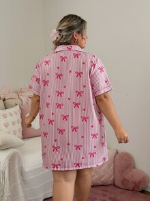 Slumberry CURVE Sweet INS Cute Bow Heart Stripe Print Collared Button Woven Plus Size Nightgown - Pink - View 2