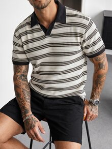 Manfinity Homme 男士黑白條紋針織半拉鍊網眼短袖 Polo 衫，休閒夏季度假針織衫 - 黑與白 - 查看 4