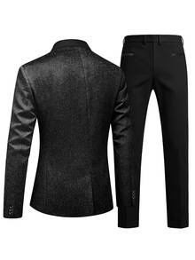 Manfinity Mode Men's Long Sleeve Suit Jacket And Trousers Set,Slim Fit Charcoal Gray Black Summer Elegant Formal Classic Luxury Style For Business Commute,Daily Wear - Black - View 2