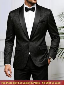 Manfinity Mode Men's Long Sleeve Suit Jacket And Trousers Set,Slim Fit Charcoal Gray Black Summer Elegant Formal Classic Luxury Style For Business Commute,Daily Wear - Black - View 1