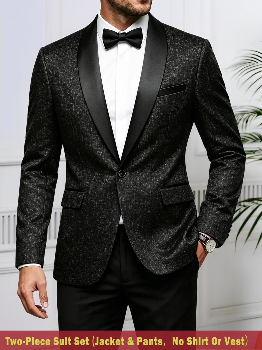 Manfinity Mode Men's Long Sleeve Suit Jacket And Trousers Set,Slim Fit Charcoal Gray Black Summer Elegant Formal Classic Luxury Style For Business Commute,Daily Wear - Black - View 1