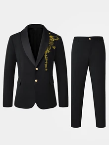 Manfinity AFTRDRK Men's Black & Gold Embroidered Lapel Slim Fit Suit Set - Black - View 3