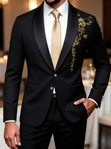 Manfinity AFTRDRK Men's Black & Gold Embroidered Lapel Slim Fit Suit Set - Black - View 1
