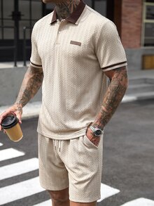 Manfinity CasualCool 男士條紋短袖 Polo 衫與短褲休閒套裝 - 卡其色 - 查看 5