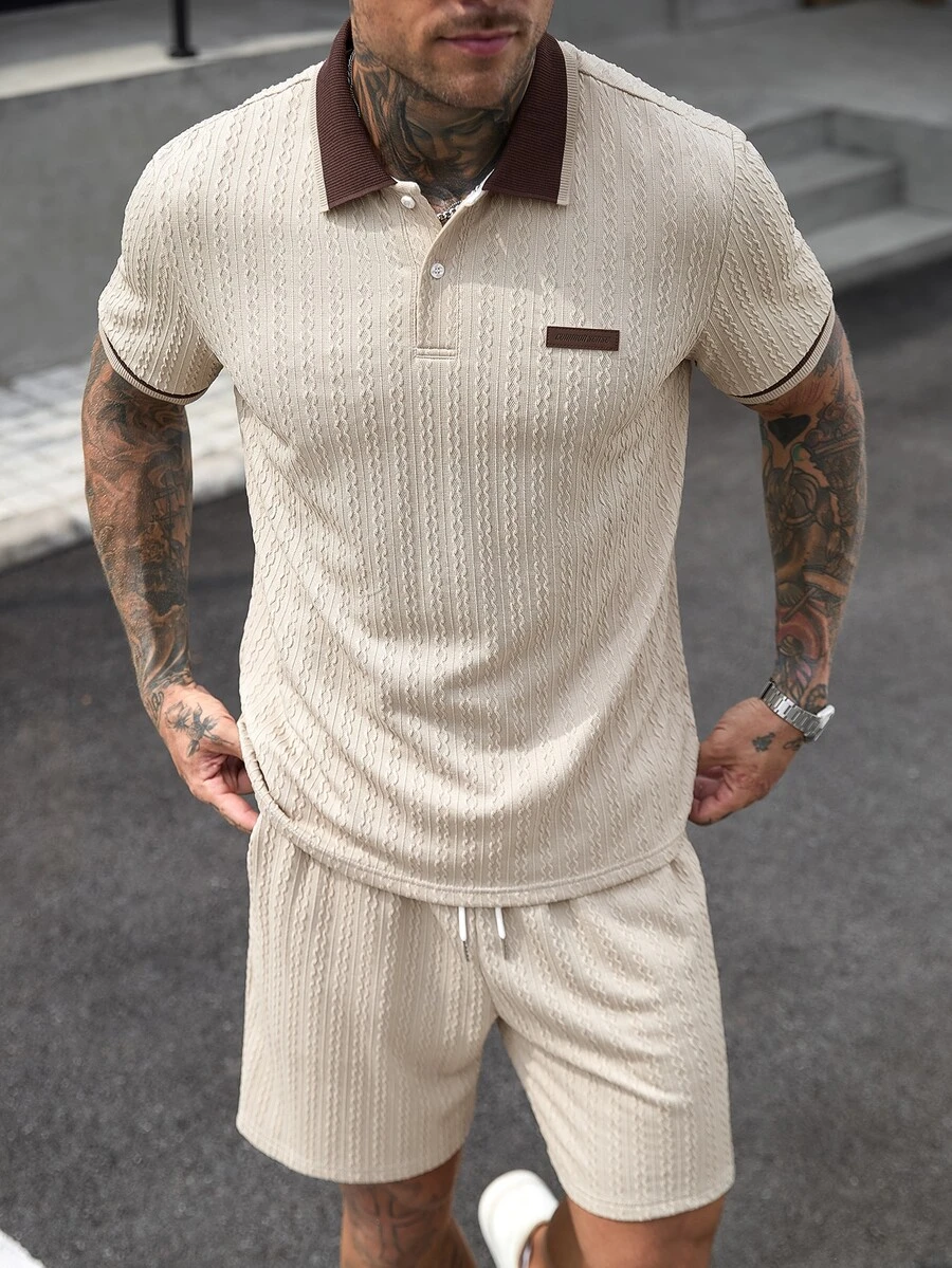 Manfinity CasualCool 男士條紋短袖 Polo 衫與短褲休閒套裝 - 卡其色 - 查看 1
