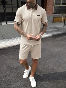 Manfinity CasualCool 男士條紋短袖 Polo 衫與短褲休閒套裝 - 卡其色 - 查看 4