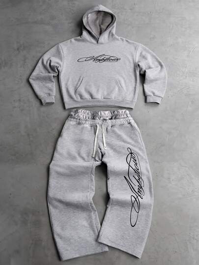PAVTROS Men Embroidery Letter Pattern Hoodie & Drawstring Waist Sweatpants Set