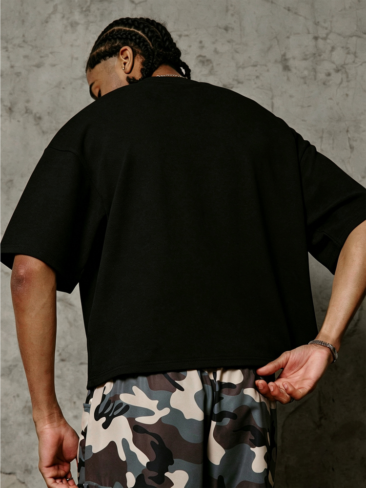 PAVTROS Men's Minimalist Textured Crinkled Fabric T-Shirt, Short Knit Top, Ultra Loose Wide Shoulder Tank Top, American Street Style, American Casual, Gender-Neutral Outfit, Minimalist Cleanfit, Unisex Couple Outfit, All-Season Versatile Matching, Holiday Gift - Black - View 2