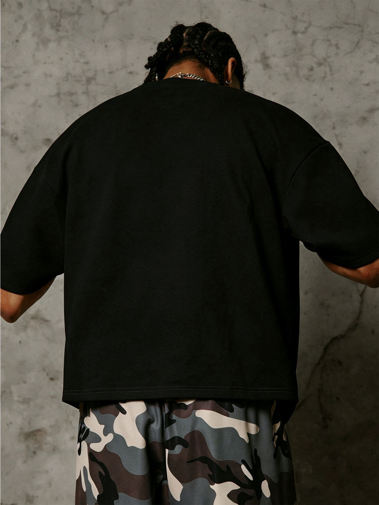 PAVTROS Men's Minimalist Textured Crinkled Fabric T-Shirt, Short Knit Top, Ultra Loose Wide Shoulder Tank Top, American Street Style, American Casual, Gender-Neutral Outfit, Minimalist Cleanfit, Unisex Couple Outfit, All-Season Versatile Matching, Holiday Gift - Black - View 6