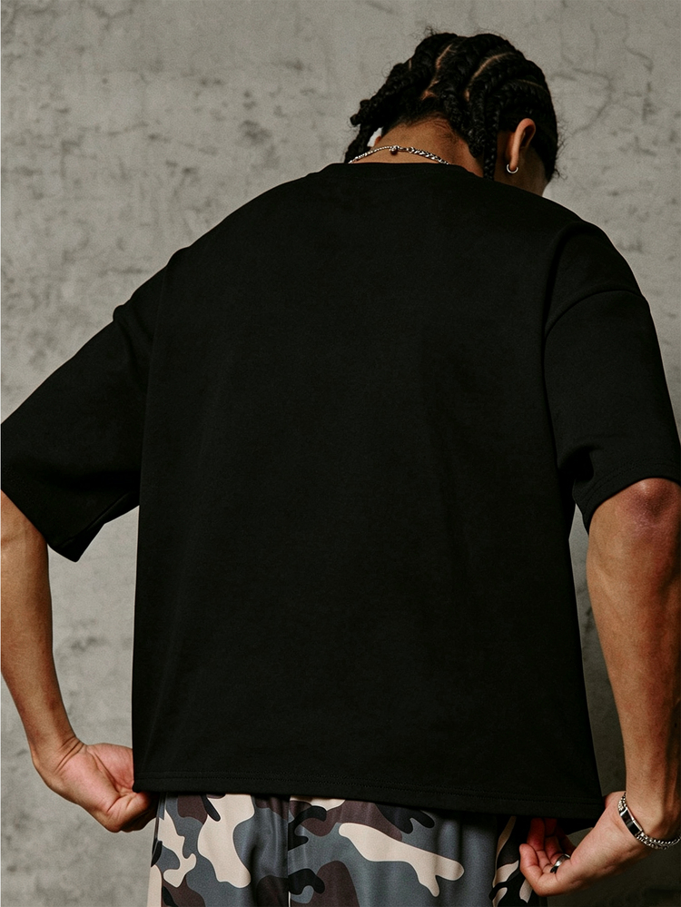 PAVTROS Men's Minimalist Textured Crinkled Fabric T-Shirt, Short Knit Top, Ultra Loose Wide Shoulder Tank Top, American Street Style, American Casual, Gender-Neutral Outfit, Minimalist Cleanfit, Unisex Couple Outfit, All-Season Versatile Matching, Holiday Gift - Black - View 4