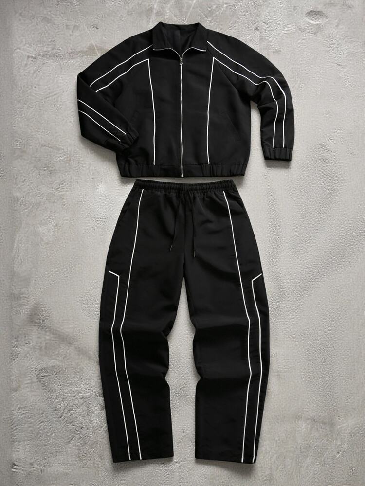 PAVTROS Young Streetwear Hot-Selling Jacket Set, Contrast Trim Design, Versatile Streetwear Men's Jacket Set - Black - View 7