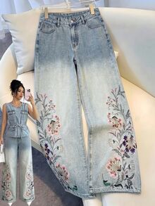 GlowEve Women's Floral Embroidered Pocket Wide Leg Loose Casual Denim Jeans - Multicolor - View 2