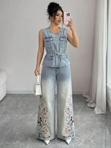 GlowEve Women's Floral Embroidered Pocket Wide Leg Loose Casual Denim Jeans - Multicolor - View 4