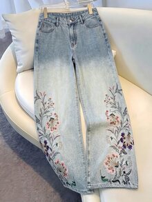 GlowEve Women's Floral Embroidered Pocket Wide Leg Loose Casual Denim Jeans - Multicolor - View 1