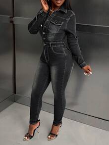 SHEIN Slayr Vintage Sexy Slim Fit Basic Stretch Mid-Wash Blue Denim Jumpsuit For Women, Autumn/Winter - Black - View 2