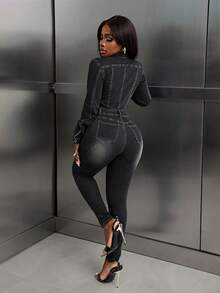 SHEIN Slayr Vintage Sexy Slim Fit Basic Stretch Mid-Wash Blue Denim Jumpsuit For Women, Autumn/Winter - Black - View 4