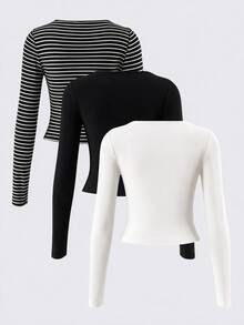 SHEIN BASICS 3件組女款開學季教師小學畢業主題T恤 黑白配色 秋季休閒條紋 日常生日辦公穿搭 - 彩色 - 查看 4